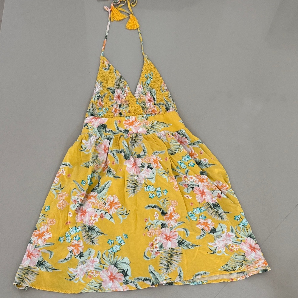 O'Neill Yellow Floral Mini Dress Smocking Flowy Boho Summer Beach Vacation